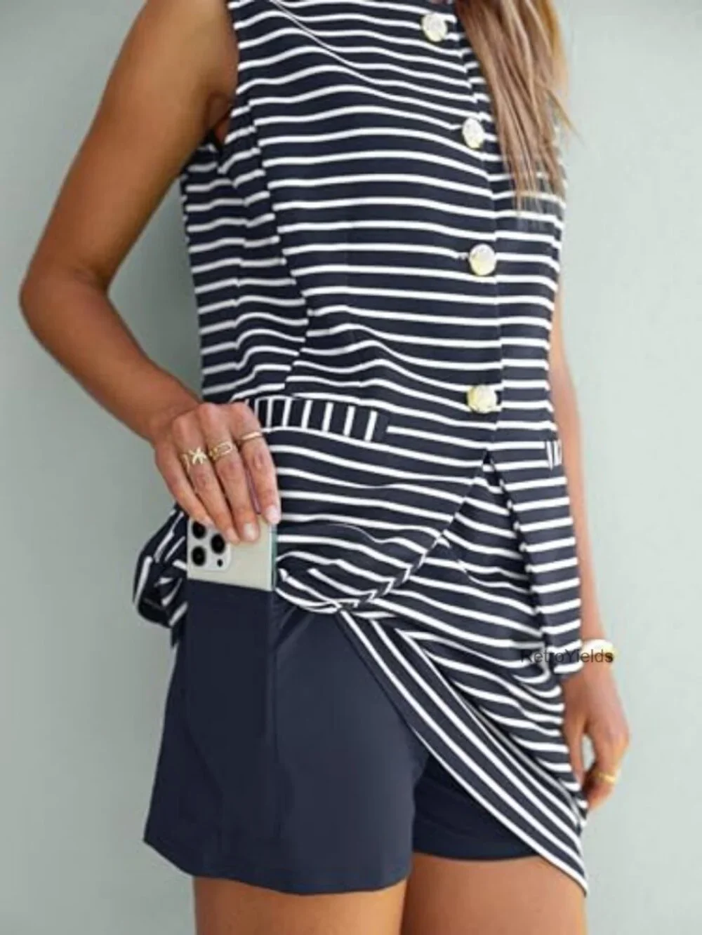 Womens 2 Piece Skirt Set Sleeveless Vest Skort Striped Matching Set